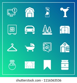 Modern, simple vector icon set on gradient background with bookmark, farming, banking, bodybuilding, house, child, spray, computer, safe, sport, medicine, technology, cloakroom, fitness, wood icons