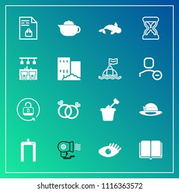 Modern, simple vector icon set on gradient background with open, list, book, hot, health, machine, girl, literature, drink, shopping, breakfast, xray, sandbox, notebook, protection, romance, hat icons