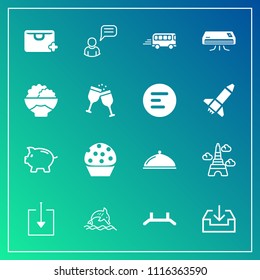 Modern, simple vector icon set on gradient background with nature, paris, restaurant, person, conditioner, dolphin, chat, cake, france, investment, animal, sale, conditioning, doughnut, speed icons