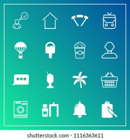 Modern, simple vector icon set on gradient background with estate, home, glass, basket, architecture, bell, store, complete, machine, restaurant, cocktail, alarm, speech, scan, kitchen, sale icons