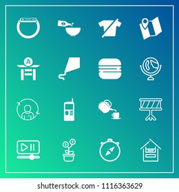 Modern, simple vector icon set on gradient background with person, dinner, store, compass, north, time, glass, button, watch, fashion, cell, sound, growth, tree, gadget, cup, east, customer, tea icons