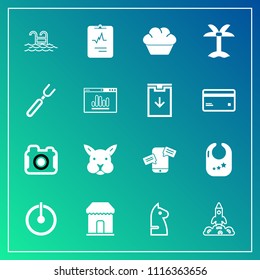 Modern, simple vector icon set on gradient background with photographer, summer, off, switch, pool, chat, shuttle, dessert, mobile, launch, medicine, cardiology, technology, horse, photo, power icons