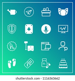 Modern, simple vector icon set on gradient background with vitamin, meeting, sofa, furniture, slipper, dessert, bed, internet, plant, white, domino, presentation, elegance, message, account, can icons