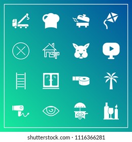 Modern, simple vector icon set on gradient background with human, heater, body, van, dryer, kite, alcohol, tow, close, accident, house, home, tape, blow, furniture, water, hat, boiler, chef, eye icons