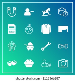 Modern, simple vector icon set on gradient background with account, magnetic, egypt, bar, pub, bed, lens, toy, pictogram, profile, sign, field, online, tool, camera, pharaoh, technology, room icons