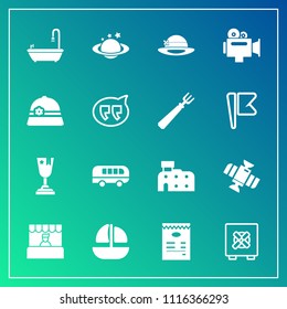 Modern, simple vector icon set on gradient background with space, boat, ocean, orbit, safety, food, safe, road, ship, transportation, lock, nature, technology, store, menu, globe, architecture icons