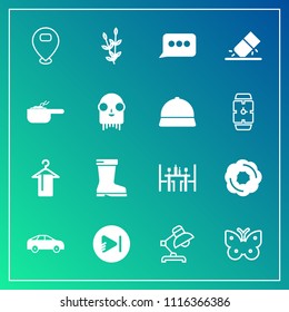 Modern, simple vector icon set on gradient background with home, restaurant, fly, fashion, speech, play, interior, table, hanger, lamp, butterfly, white, direction, agriculture, music, left, bus icons