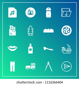 Modern, simple vector icon set on gradient background with bottle, liquid, teeth, equipment, footwear, military, television, salt, engineering, divider, email, transportation, delivery, glass icons