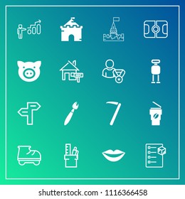 Modern, simple vector icon set on gradient background with drink, tool, package, architecture, growth, personal, direction, cargo, girl, progress, wrench, paint, hammer, work, castle, cup, hot icons