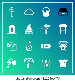 Modern, simple vector icon set on gradient background with electric, shirt, roller, auto, fashion, white, cooler, globe, tool, home, add, new, downstairs, automobile, color, electricity, planet icons