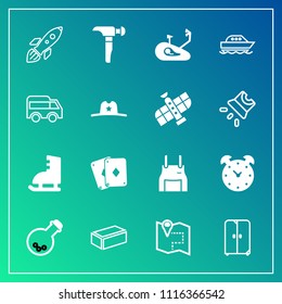 Modern, simple vector icon set on gradient background with cupboard, poker, sport, boat, chef, road, play, bicycle, construction, space, bike, shuttle, launch, fitness, brick, cabinet, science icons