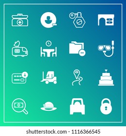 Modern, simple vector icon set on gradient background with truck, kit, cargo, account, perfume, cake, business, bottle, emergency, navigation, table, search, dessert, car, bag, box, food, remove icons