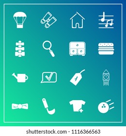 Modern, simple vector icon set on gradient background with bow, communication, sport, ladle, clothes, london, clothing, food, building, pin, soup, house, bowling, glasses, tower, architecture icons