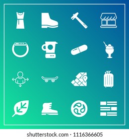 Modern, simple vector icon set on gradient background with mon, skater, leather, travel, smart, newspaper, world, geography, shop, board, place, wrench, kamon, gadget, equipment, bag, map, tool icons