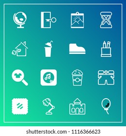 Modern, simple vector icon set on gradient background with architecture, medieval, planet, world, shorts, interior, music, escape, cafe, shop, building, note, balloon, celebration, tower, exit icons