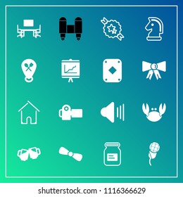 Modern, simple vector icon set on gradient background with drink, metal, food, music, rocket, gift, space, volume, tin, alcohol, pub, spaceship, karaoke, business, table, beer, crab, sea, audio icons