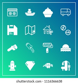 Modern, simple vector icon set on gradient background with sea, dessert, spaceship, brush, ship, kitchen, audio, roller, gem, nature, doughnut, jewel, exercise, sweet, music, fitness, safety icons