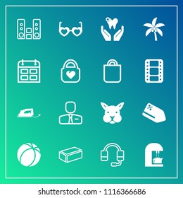 Modern, simple vector icon set on gradient background with microphone, work, style, football, business, building, rabbit, play, glasses, dental, espresso, price, caffeine, employee, sale, cafe icons