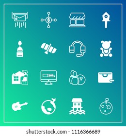 Modern, simple vector icon set on gradient background with cleaner, world, bag, sport, pin, guitar, , letter, dollar, travel, spray, musical, housework, bowling, sale, moon, astronaut, game, web icons