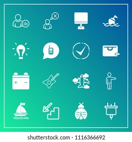 Modern, simple vector icon set on gradient background with pc, profile, butterfly, down, flight, computer, status, pointing, lady, travel, showing, board, safety, downstairs, technology, music icons