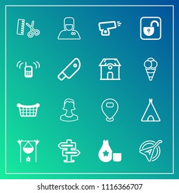 Modern, simple vector icon set on gradient background with white, market, service, string, hot, musical, doorknob, business, dont, professional, store, fashion, hotel, room, instrument, sign icons