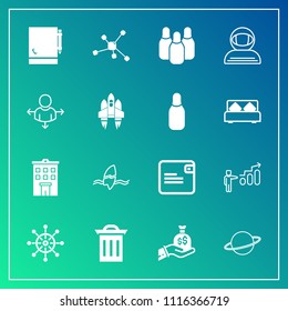 Modern, simple vector icon set on gradient background with notepad, development, purse, bowling, ship, house, wheel, waste, finance, progress, atom, estate, success, chemistry, surf, box, cone icons