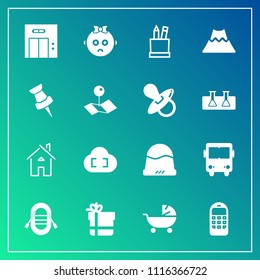 Modern, simple vector icon set on gradient background with communication, house, pencil, cloud, clothing, landscape, box, cap, bow, gift, child, estate, transport, entrance, bus, stroller, boat icons