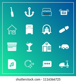 Modern, simple vector icon set on gradient background with alcohol, time, building, cocktail, estate, furniture, dental, electric, schedule, marine, carriage, sign, glass, bicycle, baby, ride icons