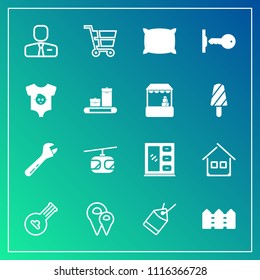 Modern, simple vector icon set on gradient background with map, pillow, sale, spanner, employee, travel, architecture, pin, trolley, location, home, cabinet, paper, shop, house, soft, blue, sky icons