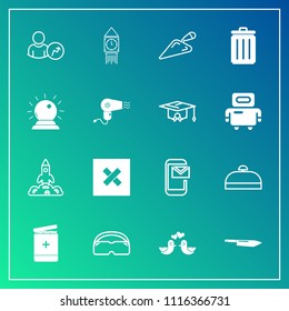 Modern, simple vector icon set on gradient background with glasses, equipment, garbage, clock, phone, business, mail, medical, medicine, bird, trash, luggage, magic, science, ben, sign, suitcase icons