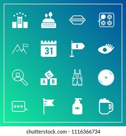 Modern, simple vector icon set on gradient background with hamburger, food, drink, flag, soap, mug, dvd, national, cake, bun, dessert, gas, cafe, bed, coffee, sign, hygiene, liquid, cup, wear icons