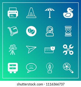 Modern, simple vector icon set on gradient background with industrial, print, creative, duck, cash, bubble, magnifying, search, message, tool, service, wagasa, rubber, coin, culture, video, send icons