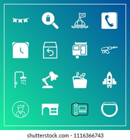 Modern, simple vector icon set on gradient background with flag, safety, craft, buoy, time, shower, space, technology, spaceship, happy, stationary, minute, boy, book, background, holiday, watch icons