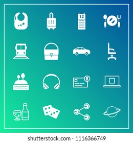 Modern, simple vector icon set on gradient background with dessert, child, alcohol, travel, share, cake, calendar, astronomy, toy, infant, gambling, audio, social, modern, red, bag, glass, food icons