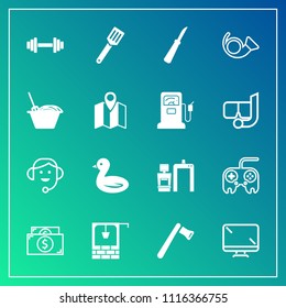 Modern, simple vector icon set on gradient background with hammer, kitchen, trumpet, finance, old, axe, white, office, digital, monitor, scan, button, pan, construction, water, money, currency icons