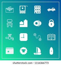 Modern, simple vector icon set on gradient background with sink, wind, boat, stone, delivery, shirt, clothing, well, calendar, concept, position, computer, destination, paper, day, tap, bathroom icons