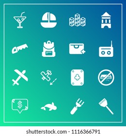 Modern, simple vector icon set on gradient background with industrial, knife, white, juice, cooking, vessel, food, frame, ocean, kitchen, fish, drink, storage, plane, boat, dinner, construction icons
