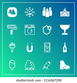 Modern, simple vector icon set on gradient background with red, bowling, telescope, app, government, forest, drink, landscape, magnetic, technology, sport, liquid, wine, sweet, online, mobile icons