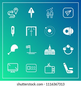 Modern, simple vector icon set on gradient background with ocean, security, championship, rattle, screen, baby, church, competitive, chicken, meat, technology, sign, mexico, route, match, child icons