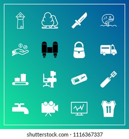 Modern, simple vector icon set on gradient background with environment, cooking, medical, knife, landscape, pan, business, shirt, medicine, crane, luggage, europe, work, bag, basketball, screen icons