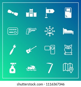 Modern, simple vector icon set on gradient background with bank, retro, location, card, vacation, hammer, vessel, gift, equipment, ship, musical, credit, travel, bed, tool, ocean, owl, movie icons