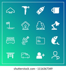 Modern, simple vector icon set on gradient background with satellite, white, parachuting, search, fish, space, japan, internet, bed, account, add, web, traffic, shrine, bedroom, vehicle, blank icons
