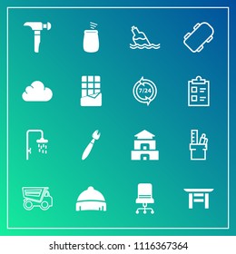 Modern, simple vector icon set on gradient background with temple, water, stationery, work, pagoda, bath, business, chair, furniture, vehicle, construction, interior, liquid, percussion, culture icons