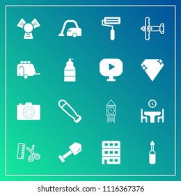 Modern, simple vector icon set on gradient background with food, family, construction, photographer, paint, tower, vacuum, salon, city, plane, roll, medicine, cold, dinner, ben, hairdresser, bat icons