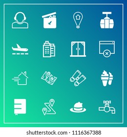 Modern, simple vector icon set on gradient background with bear, paper, clothing, page, fashion, headwear, sink, pin, search, navigation, road, train, toy, faucet, ice, play, support, property icons