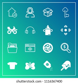 Modern, simple vector icon set on gradient background with insect, ice, fashion, search, cream, nature, food, folder, paper, property, mon, health, browser, office, baby, japan, computer, bottle icons