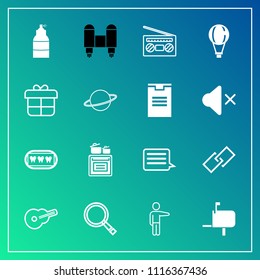 Modern, simple vector icon set on gradient background with dental, mailbox, web, musical, parachuting, space, paint, audio, post, guitar, jump, spray, sound, box, white, rocket, food, pointing icons