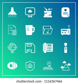 Modern, simple vector icon set on gradient background with web, finance, food, cooking, protect, blue, computer, world, musical, gallon, map, hood, pan, sky, protection, arrow, house, landscape icons