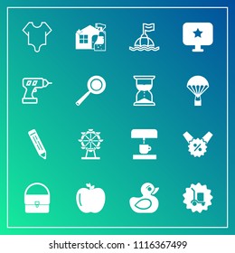 Modern, simple vector icon set on gradient background with package, girl, machine, coffee, pen, cleaner, buoy, rubber, bag, fruit, apple, computer, child, wheel, toy, cute, delivery, kitchen icons