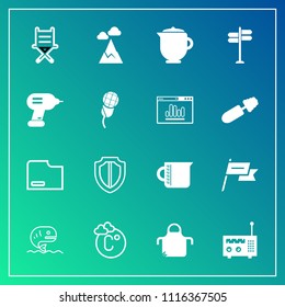 Modern, simple vector icon set on gradient background with security, white, seat, chair, protection, document, country, teapot, fish, landscape, pinafore, sign, food, technology, blue, furniture icons